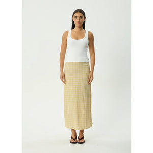 Afends Sunday Seersucker Maxi Skirt - Lemon Check | Shop Afends online with Pavement Skate Store with free Aotearoa NZ shipping on orders over $100*
