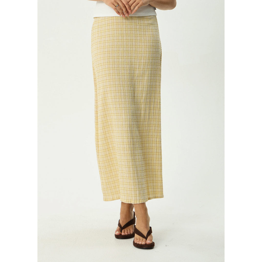 Afends Sunday Seersucker Maxi Skirt - Lemon Check | Shop Afends online with Pavement Skate Store with free Aotearoa NZ shipping on orders over $100*