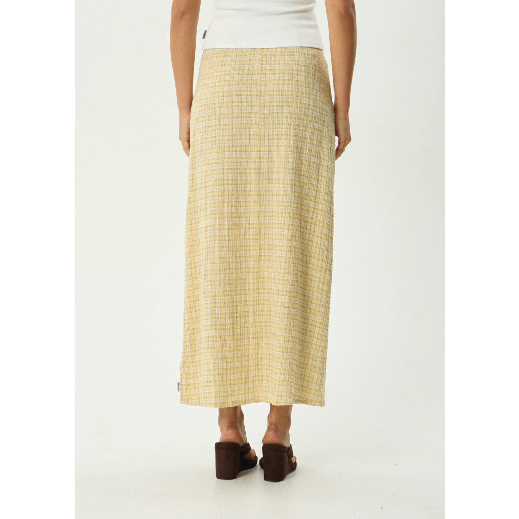 Afends Sunday Seersucker Maxi Skirt - Lemon Check | Shop Afends online with Pavement Skate Store with free Aotearoa NZ shipping on orders over $100*