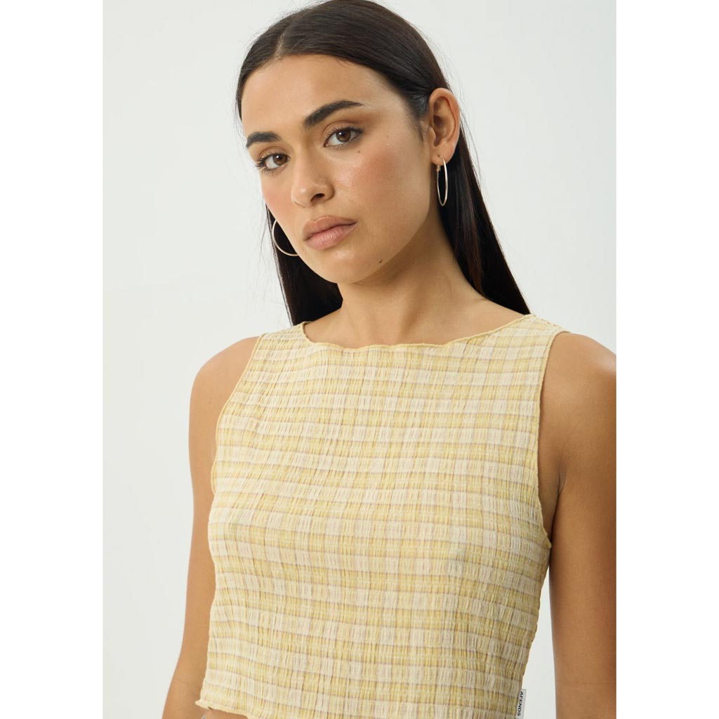 Afends Sunday Seersucker Sleeveless Top - Lemon Check | Shop Afends online with Pavement Skate Store with free Aotearoa NZ shipping on orders over $100*