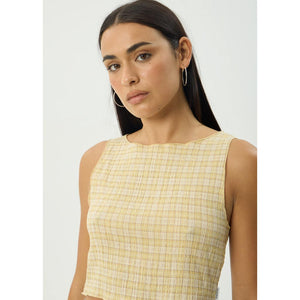 Afends Sunday Seersucker Sleeveless Top - Lemon Check | Shop Afends online with Pavement Skate Store with free Aotearoa NZ shipping on orders over $100*