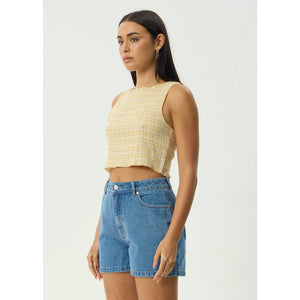 Afends Sunday Seersucker Sleeveless Top - Lemon Check | Shop Afends online with Pavement Skate Store with free Aotearoa NZ shipping on orders over $100*