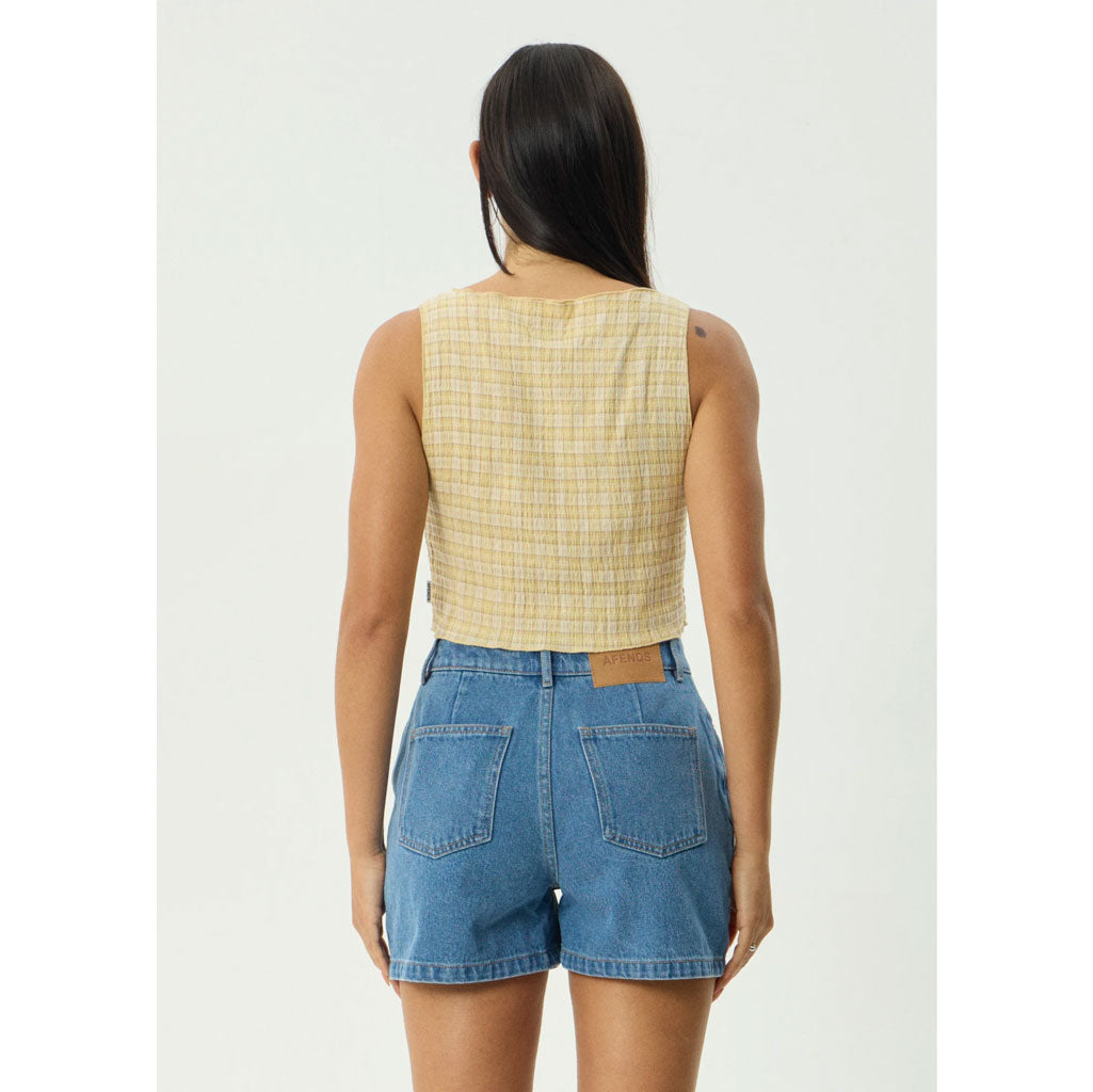 Afends Sunday Seersucker Sleeveless Top - Lemon Check | Shop Afends online with Pavement Skate Store with free Aotearoa NZ shipping on orders over $100*