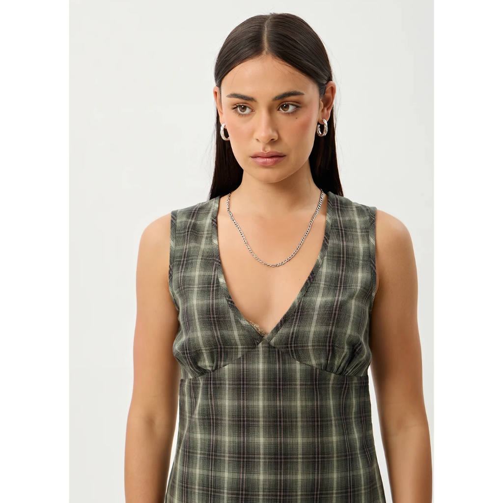 Afends Jonah Mini Dress in Deep Olive Check | Free Aotearoa NZ delivery on your Afends order over $100* with Pavement Skate Store.