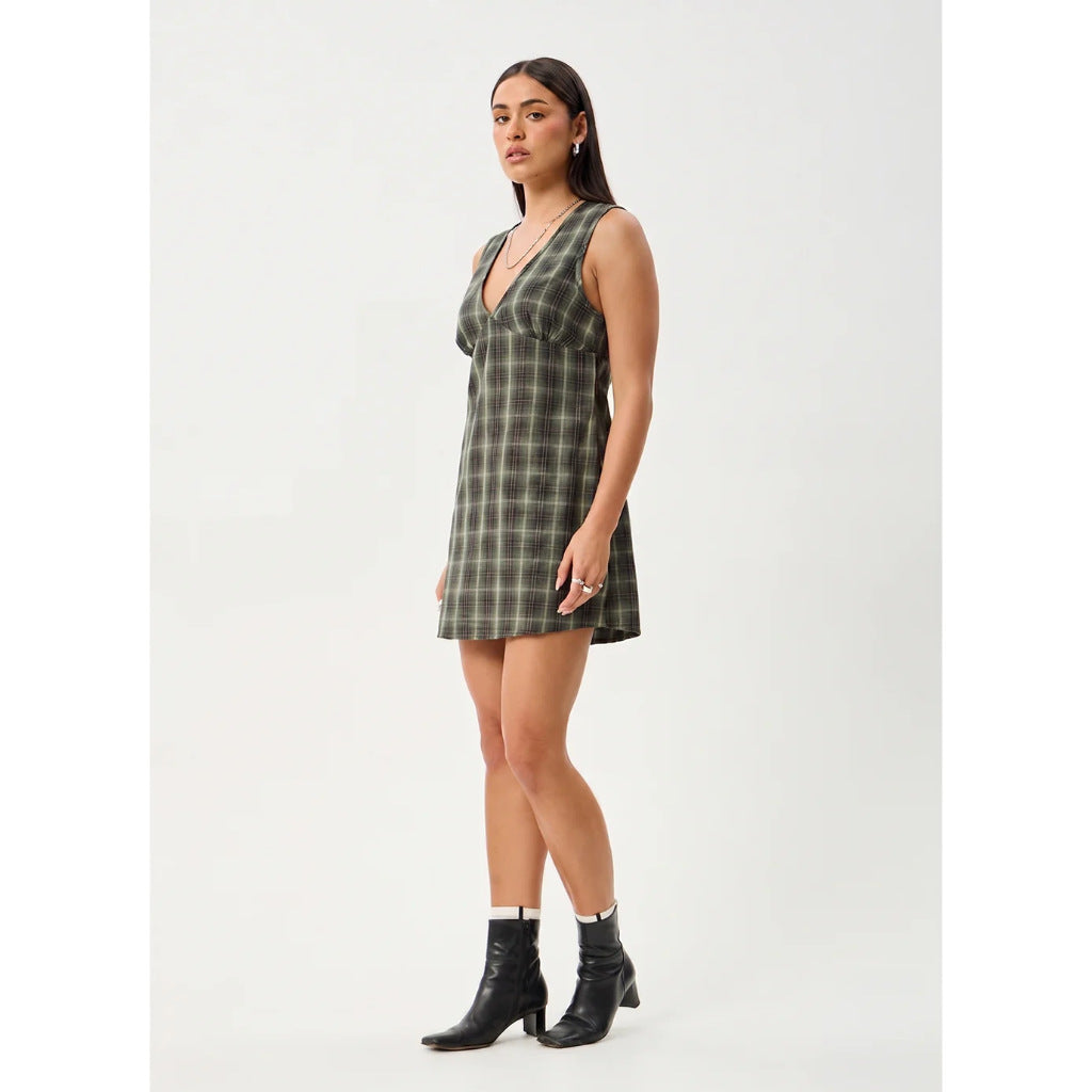 Afends Jonah Mini Dress in Deep Olive Check | Free Aotearoa NZ delivery on your Afends order over $100* with Pavement Skate Store.