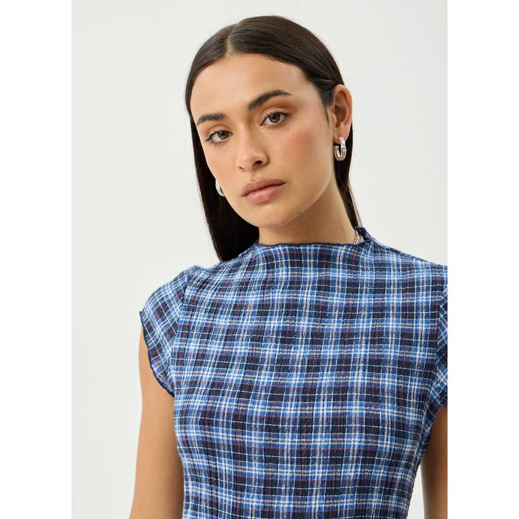 Afends Mountains Elodie Seersucker Midi Dress in Navy Red Check | Free Aotearoa NZ delivery on your Afends order over $100* with Pavement Skate Store.