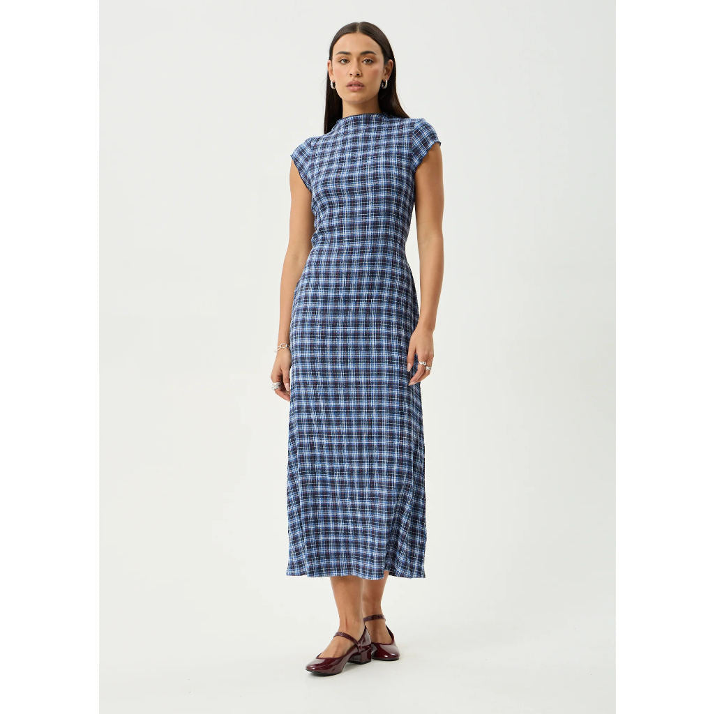 Afends Mountains Elodie Seersucker Midi Dress in Navy Red Check | Free Aotearoa NZ delivery on your Afends order over $100* with Pavement Skate Store.