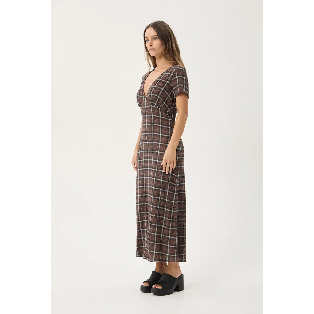 Afends Reverie Seersucker Maxi Dress in Coffee Check | Free Aotearoa NZ delivery on your Afends order over $100* with Pavement Skate Store.