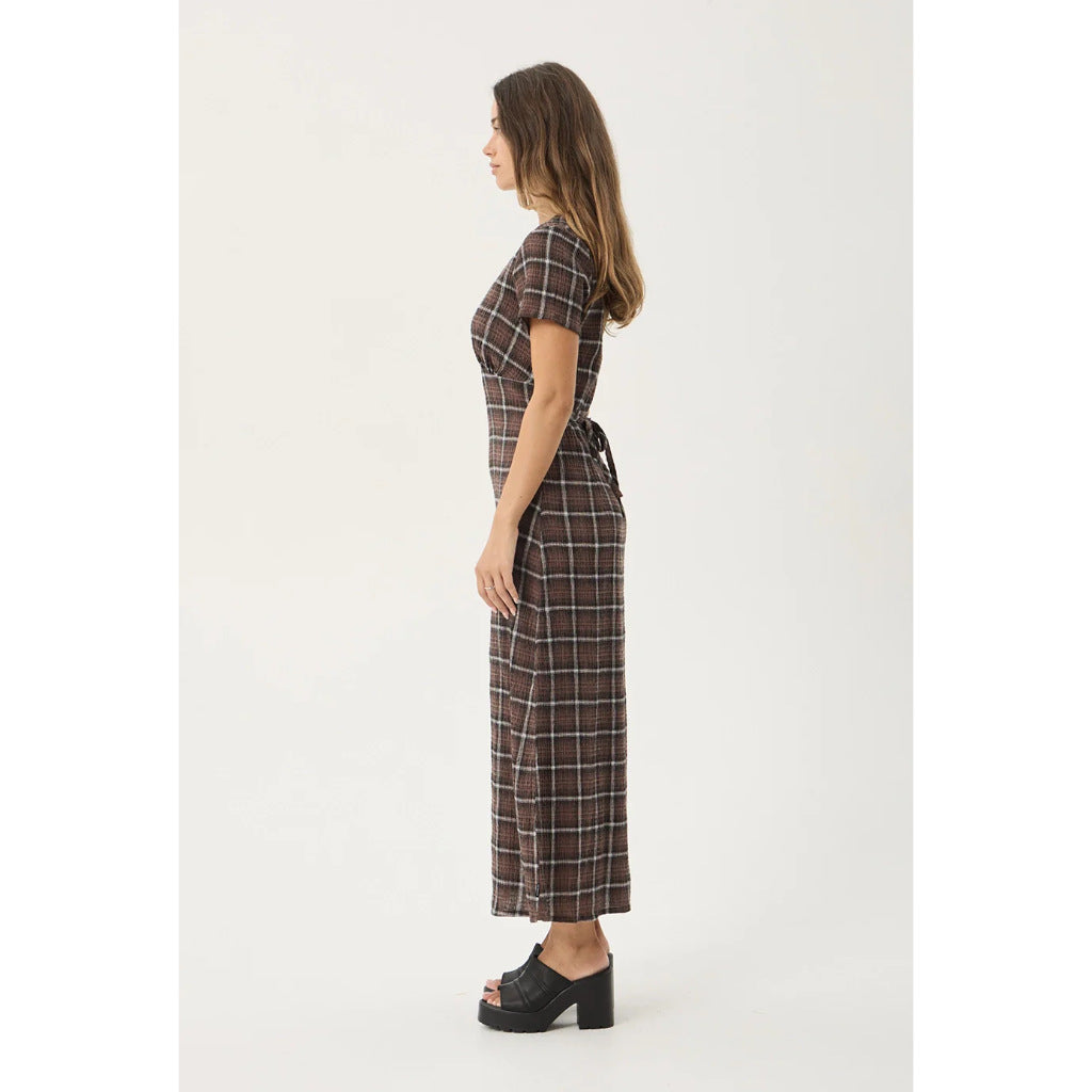 Afends Reverie Seersucker Maxi Dress in Coffee Check | Free Aotearoa NZ delivery on your Afends order over $100* with Pavement Skate Store.