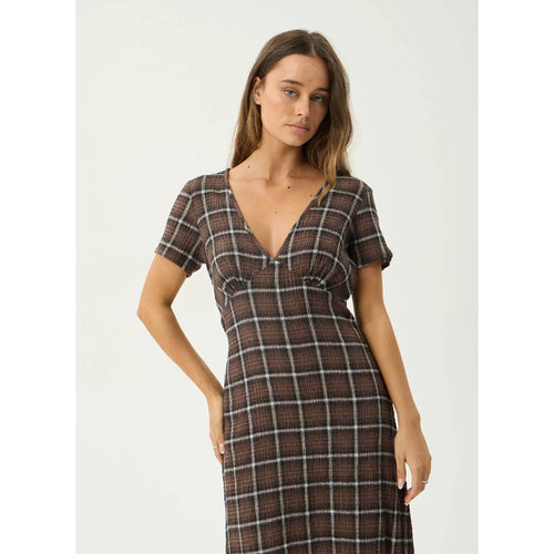 Afends Reverie Seersucker Maxi Dress in Coffee Check | Free Aotearoa NZ delivery on your Afends order over $100* with Pavement Skate Store.