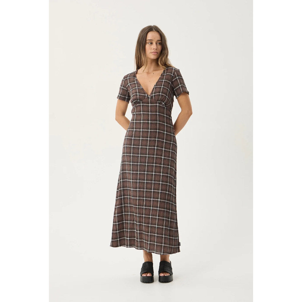 Afends Reverie Seersucker Maxi Dress in Coffee Check | Free Aotearoa NZ delivery on your Afends order over $100* with Pavement Skate Store.