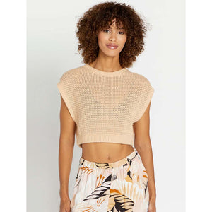 Volcom Port De La Stone Top - Almond. 100% Cotton Sweater Knit Mesh, 7 GG Open mesh sweater muscle tank. Elastic encased inside waistband for blouson effect. Metal badge at back neck HPS 15". Shop Volcom women's clothing online with Pavement and enjoy free NZ shipping over $150.