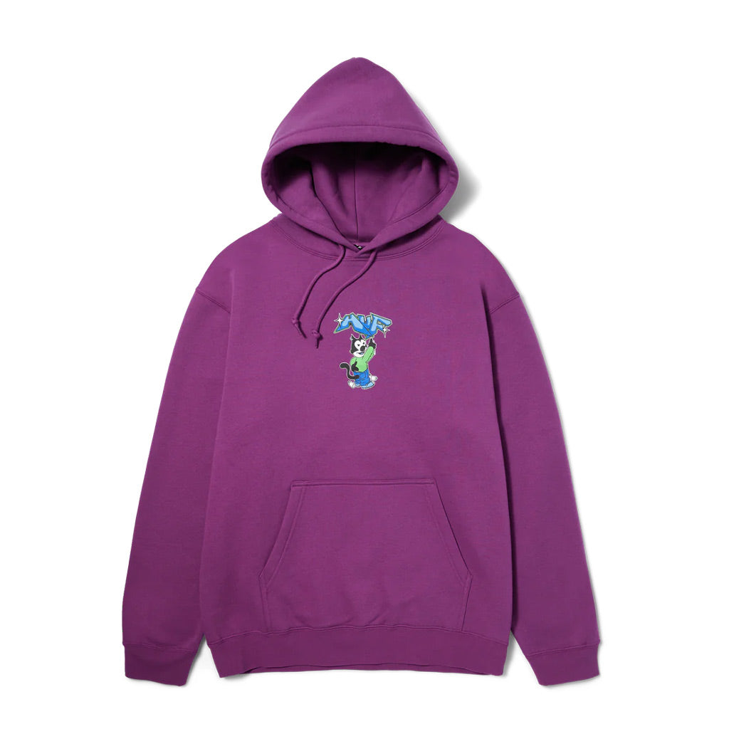 Huf Bad Cat Hoody - Grape. 80/20 cotton-poly 330gm pullover hoodie. Printed artwork at center chest. HUF woven label at interior neck. Shop Huf Worldwide premium streetwear and accessories with Pavement skate store online. Free NZ shipping over $150.