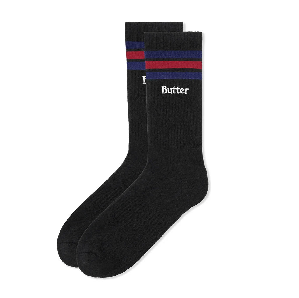 Butter Goods Q2 24 Stripe Socks - Black. Acrylic crew length socks. Embroidery on sides. OSFM. Shop Butter Goods online with Pavement, Dunedin's independent skate store. Free NZ shipping over $150 - Same ay Dunedin delivery - Easy returns.