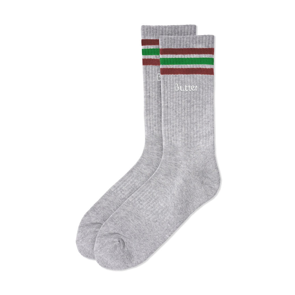 Butter Goods Stripe Socks - Grey Heather. Acrylic crew socks. Embroidered logo on side. Size: OSFA. Shop Butter Goods premium streetwear online now with Dunedin's independent skate store, PAVEMENT. Free NZ shipping over $150.