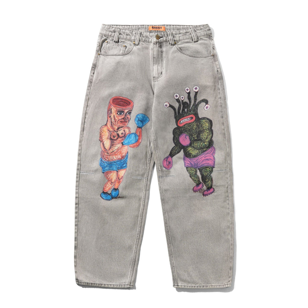 Butter Goods X Daniel Johnston Boxing Denim Jeans in Washed Grey | Shop Butter clothing online with Pavement Skate Store - Free Aotearoa NZ shipping over $100*