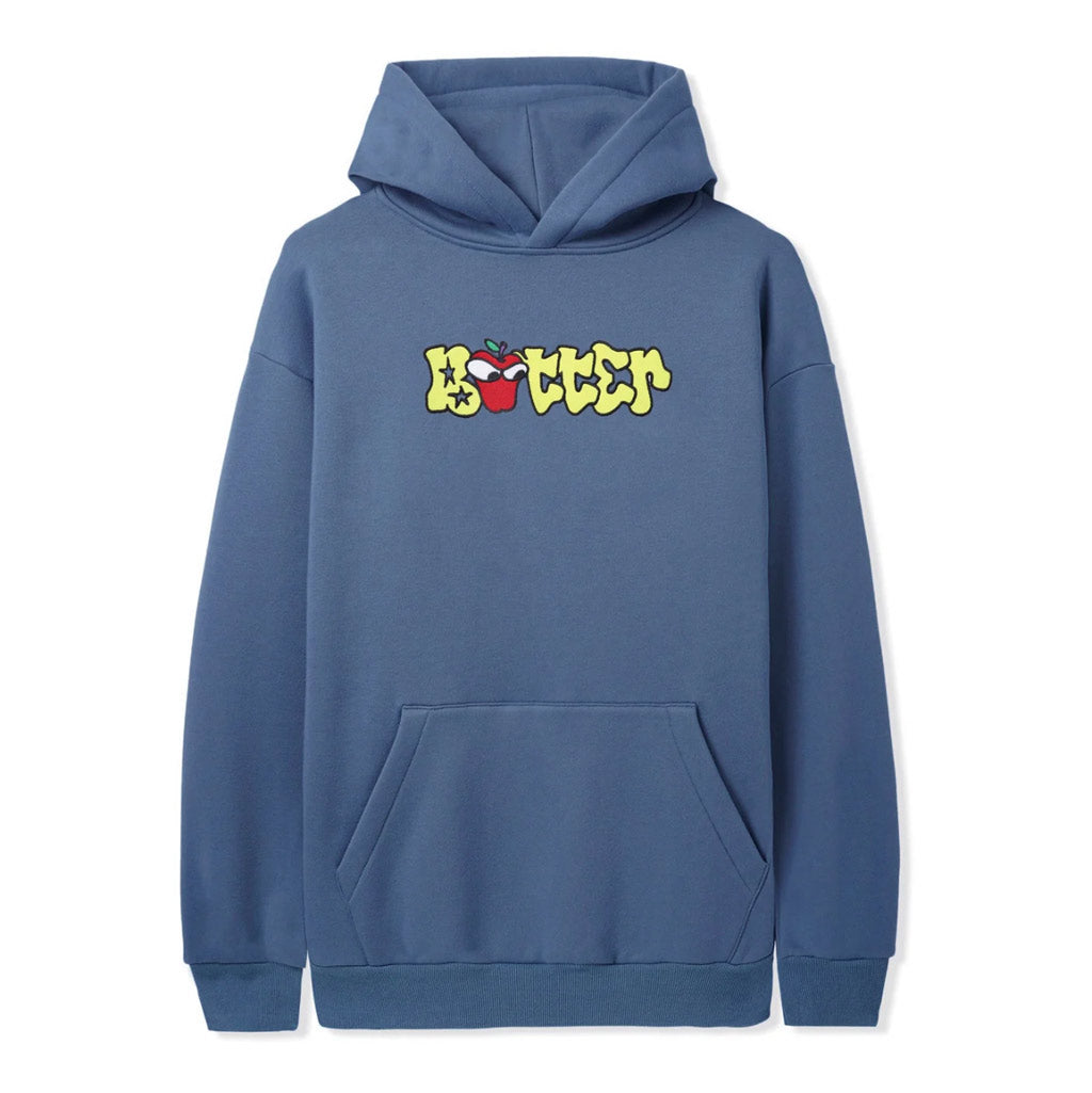 Butter Goods Big Apple Pullover Hood - Denim. Cotton / Polyester blend 10oz (330gsm) fleece. Embroidery on front & back. Free NZ shipping. Same day Dunedin delivery before 3. Shop Butter Goods online with Pavement, Dunedin's independent skate store since 2009.