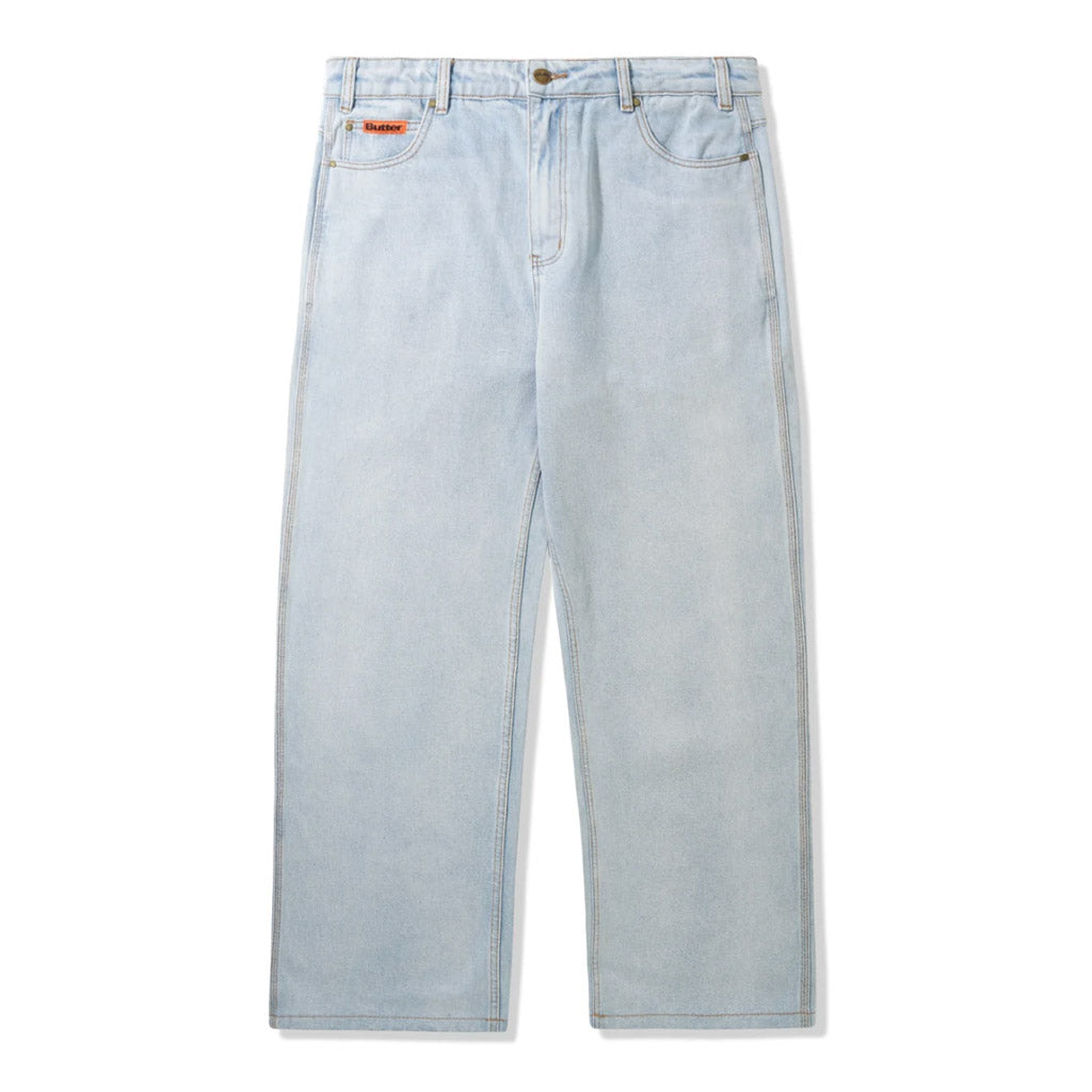 Butter Goods Relaxed Denim Jeans - Light Blue. 100% Cotton relaxed fit denim jeans. Contrast gold stitching. Woven label on coin pocket & back pocket. Shop premium denim jeans and shorts from Butter Goods online with Pavement skate store. Free, fast NZ shipping over $150.