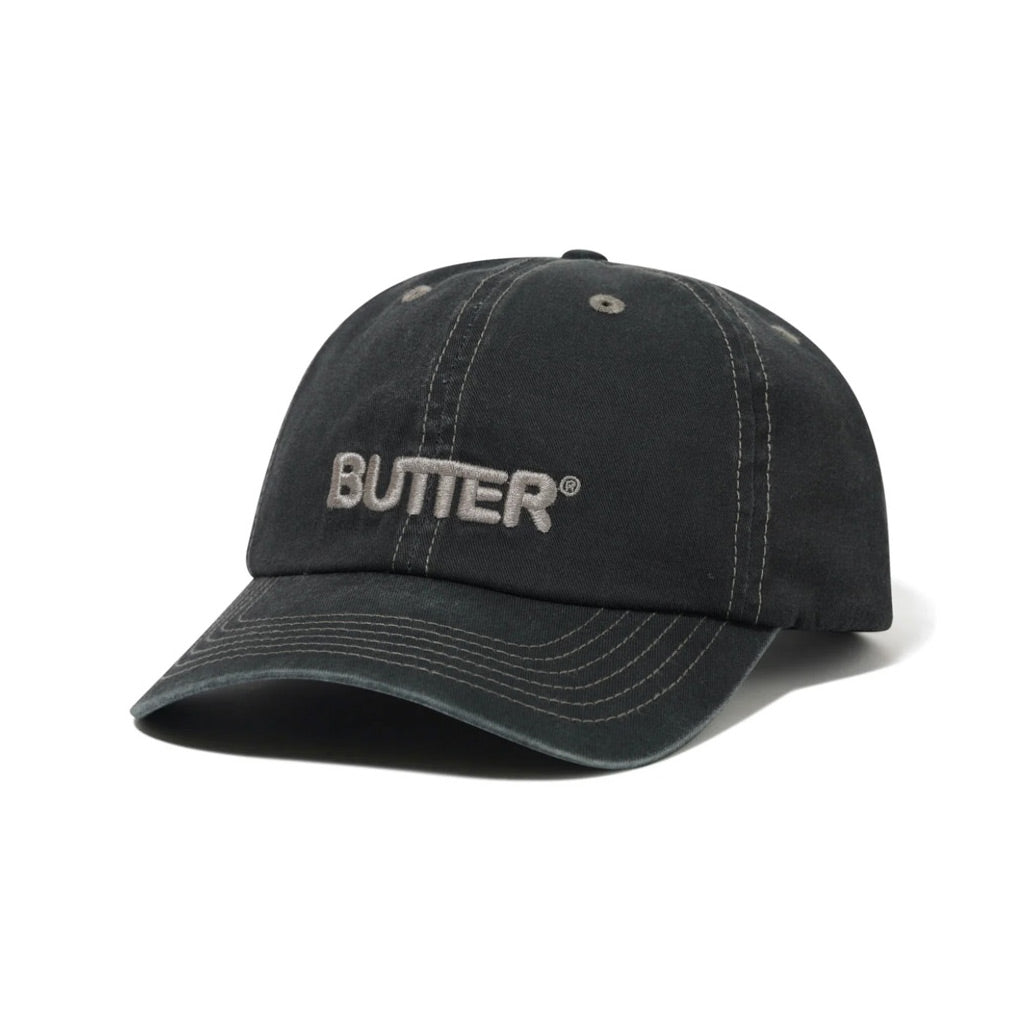 Butter Goods Rounded Logo 6 Panel Cap Washed Black | Free Aotearoa NZ shipping on orders over $100* when you shop Butter Goods online with Pavement Skate Store!
