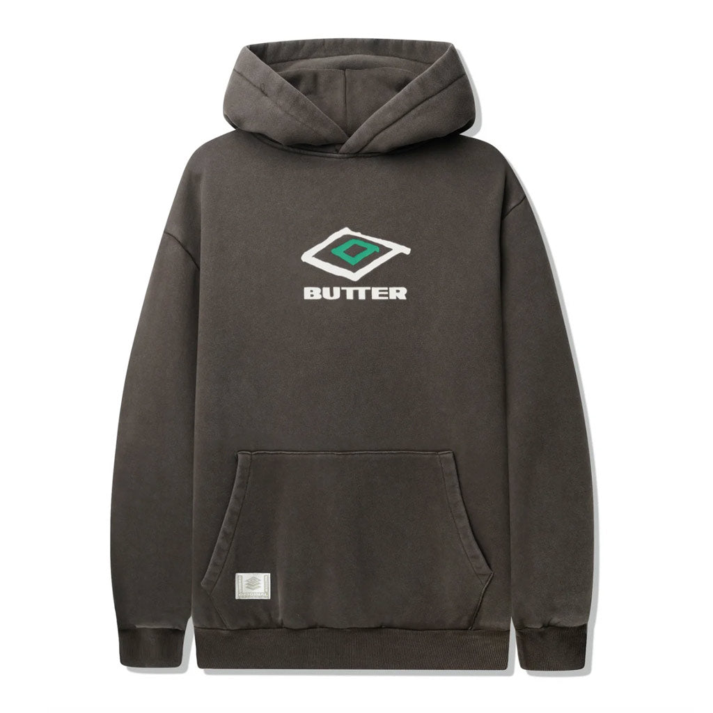 Butter Goods X Umbro Ball Pullover Hoodie - Washed Black. Cotton / Polyester blend 12oz (380 gsm) fleece. Screen print on front & back. Woven label on pocket. Mineral wash. Free New Zealand delivery. Shop Butter Goods x Umbro clothing online with Dunedin's independent skate store PAVEMENT.