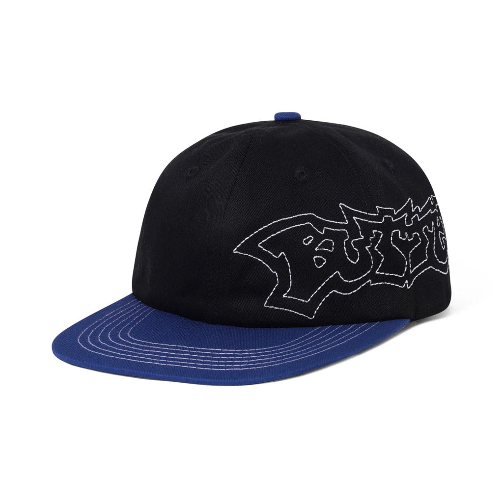 Butter Goods Yard 6 Panel Cap - Black/Royal Blue. Cotton twill 6 panel cap. Embroidery on side panel. Self fabric strap closure on back. Size: OSFA. Shop premium Butter Goods caps, clothing and accessions with Pavement online. Free, fast NZ shipping over $150.