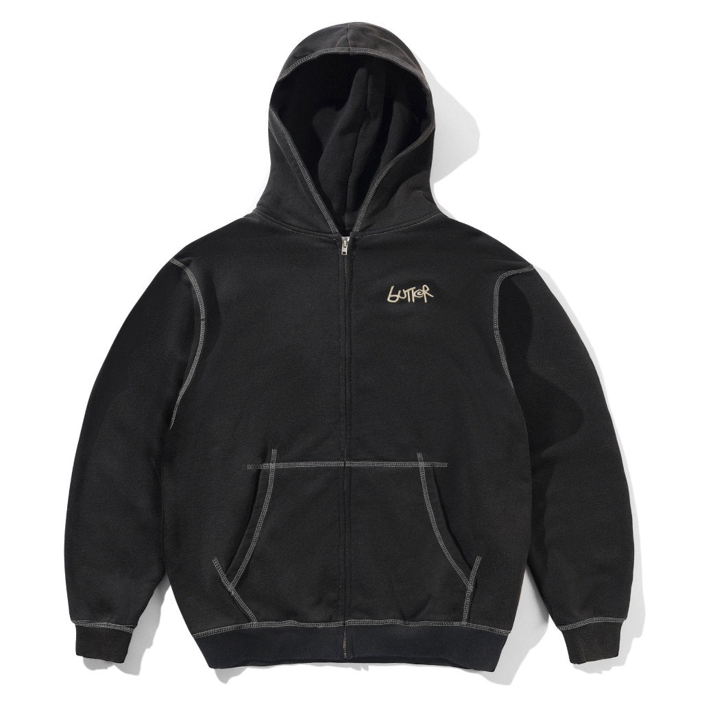 Butter Goods Trail Stitch Zip-Thru Hood in Washed Black | Shop Butter Goods clothing online with Pavement Skate Store with free Aotearoa NZ shipping over $100*