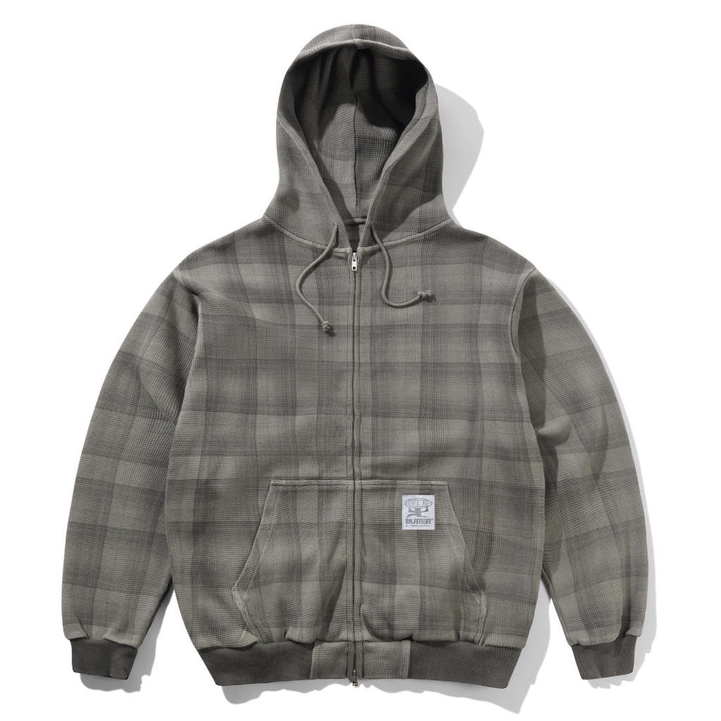 Butter Goods Waffle Zip-Thru Hood in Grey Plaid | Shop Butter Goods clothing online with Pavement Skate Store with free Aotearoa NZ shipping over $100*