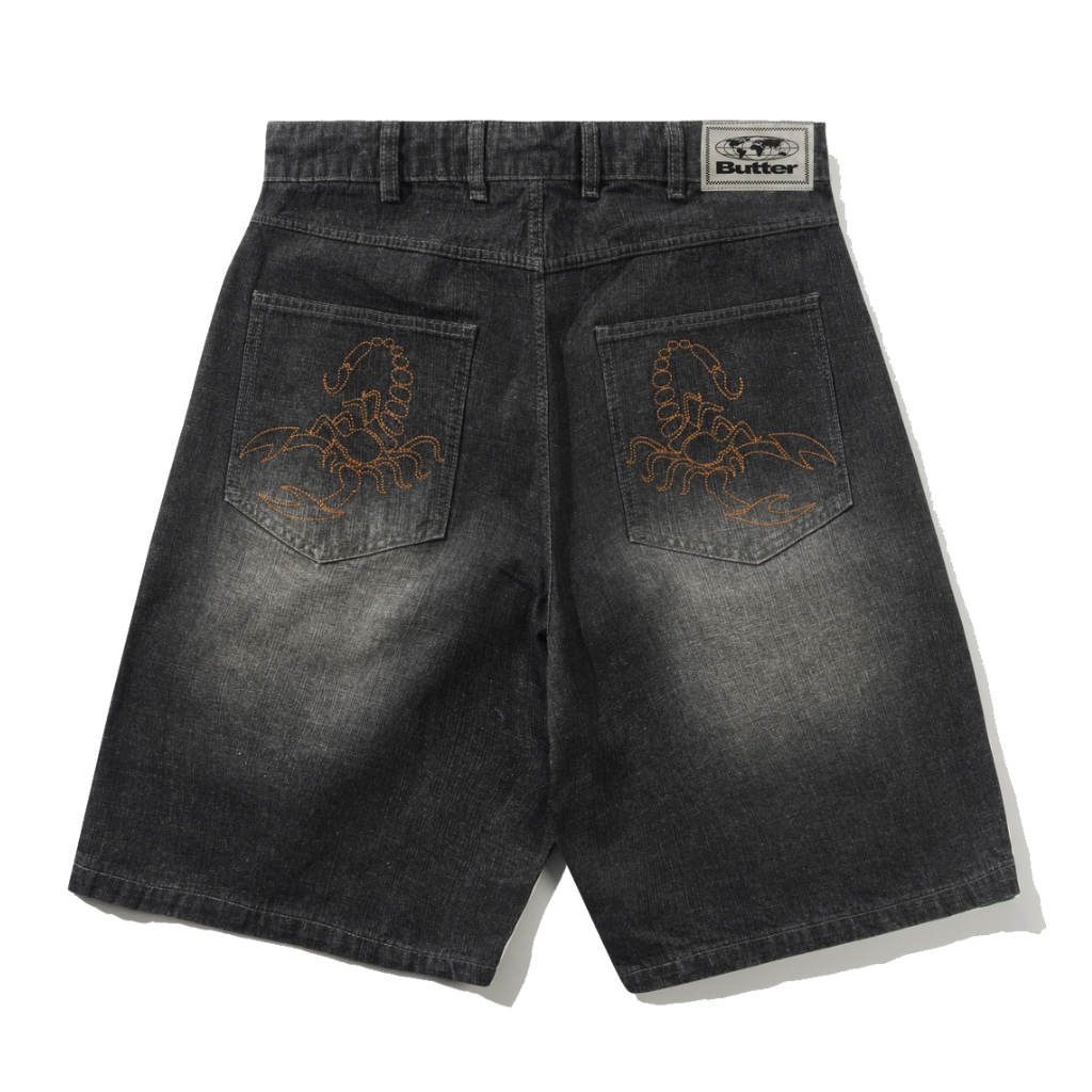 Butter Scorpion Stitch Denim Shorts in Slub Black | Shop Butter Goods clothing online with Pavement Skate Store with free Aotearoa NZ shipping over $100*