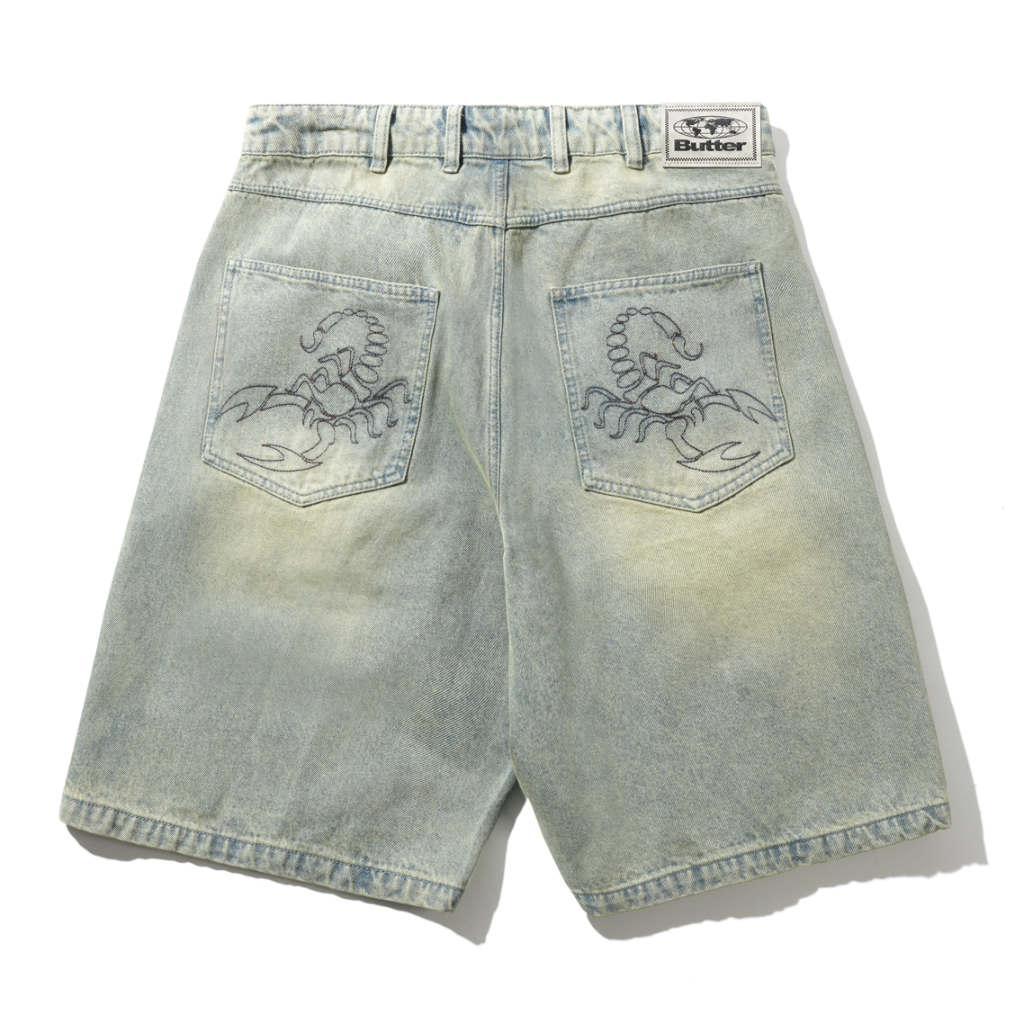 Butter Scorpion Stitch Denim Shorts in Tinted Light Blue | Shop Butter Goods clothing online with Pavement Skate Store with free Aotearoa NZ shipping over $100*