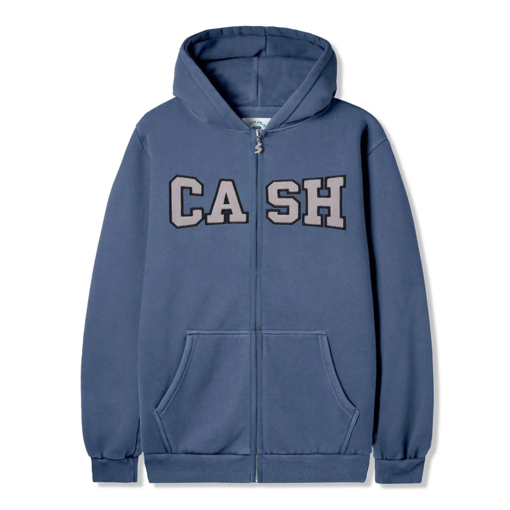 Cash Only Campus Zip Thru Hood - Washed Denim. Cotton / Polyester blend (13oz / 380 gsm) with enzyme wash. Washed twill applique with direct embroidery on front. Custom zip pulls. Shop Cash Only online with Pavement Skate Store and receive free Aotearoa NZ shipping over $100*