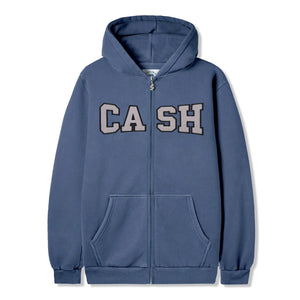 Cash Only Campus Zip Thru Hood - Washed Denim. Cotton / Polyester blend (13oz / 380 gsm) with enzyme wash. Washed twill applique with direct embroidery on front. Custom zip pulls. Shop Cash Only online with Pavement Skate Store and receive free Aotearoa NZ shipping over $100*