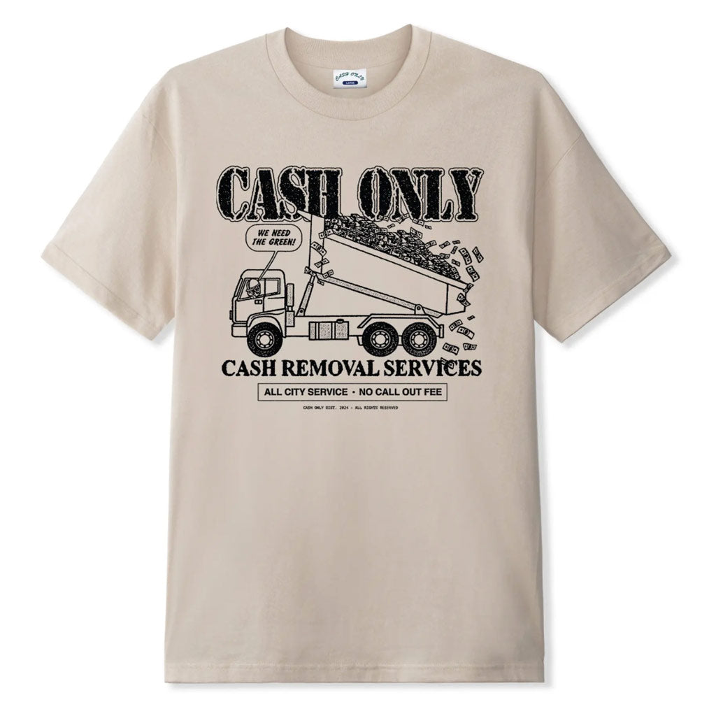 Cash Only Removal Tee - Sand. Heavy weight 100% Cotton T-Shirt (6oz / 280 gsm). Screen print on front & back. Shop Cash Only online with Pavement Skate Store and receive free Aotearoa NZ shipping over $100*