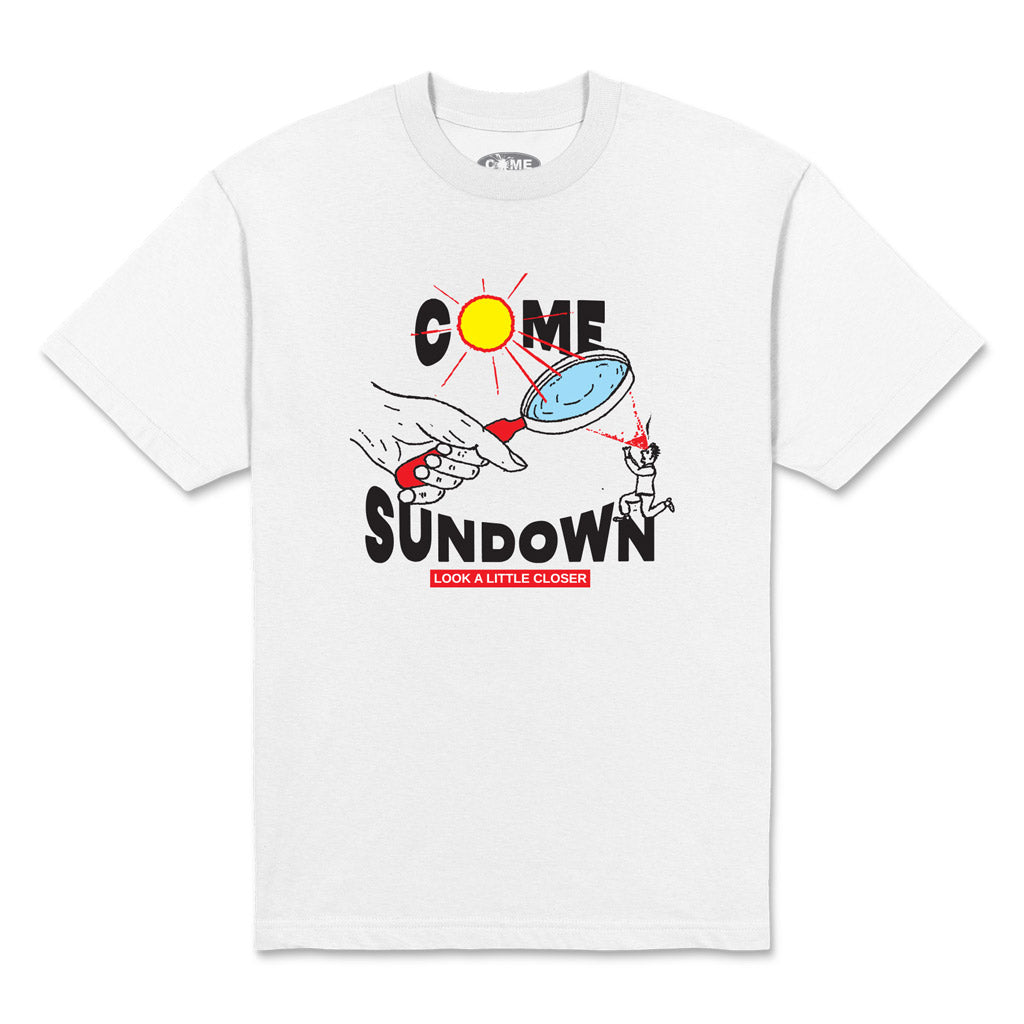 Come Sundown Magnify Tee - White. 100% Cotton. Screen printed front. Shop Come Sundown men's clothing and accessories online with Dunedin's independent skate store, PAVEMENT. Free New Zealand shipping over $150 - Same day Dunedin delivery - Easy returns.