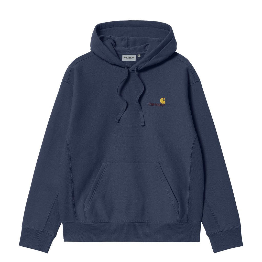 Carhartt WIP Hooded American Script Sweat - Enzian. Loose fit. Brushed. Adjustable hood. Kangaroo pocket. American embroidery. Same day delivery within Dunedin - Order now! Shop Carhartt WIP clothing and accessories with Pavement, Dunedin's independent skate shop.