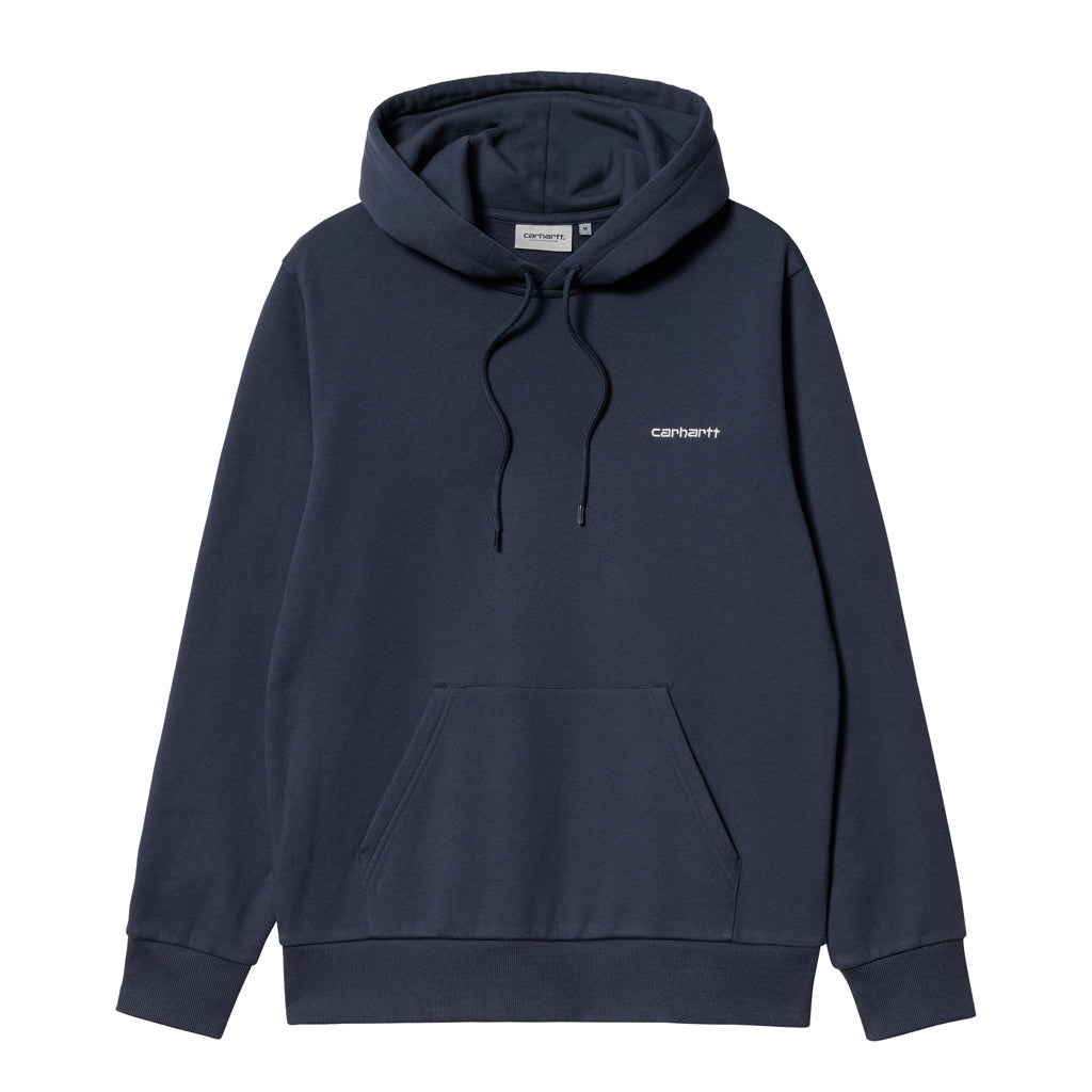 Carhartt WIP Hooded Script Embroidery Sweat - Enzian/White. 100% cotton. Regular fit. Kangaroo Pocket. Carhartt WIP Script Logo. Shop Carhartt WIP clothing and accessories and enjoy free, fast Aotearoa delivery with Pavement, Ōtepoti's independent core skate store.
