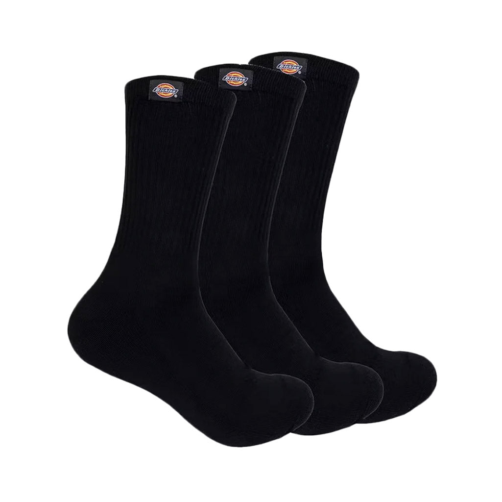 Dickies Classic label 3 Pack Crew Socks - Black. 80% Cotton 18% Polyester 2% Elastane Size 6-12.   