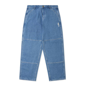 Come Sundown Assiduous Jeans - Washed Blue. 100% cotton denim. Triple needle stitch. Utility pocket. Double knee. Embroidery detail. Shop Come Sundown clothing and accessories online with Pavement, Ōtepoti/Dunedin's independent skate store. Enjoy free NZ shipping over $150. Easy no fuss returns.