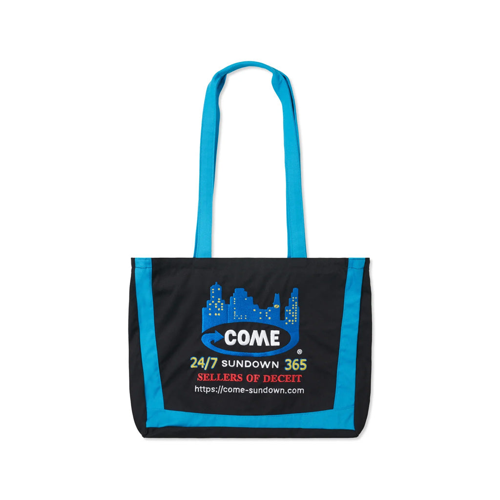 Come Sundown Deceit Shoulder Bag - Black. 100% Cotton Canvas. Zipper Close. Embroidered front and back. Internal zip pocket. 50 x 38cm. Shop Come Sundown with Pavement online. Free, fast NZ shipping over $150. Easy, no fuss returns.