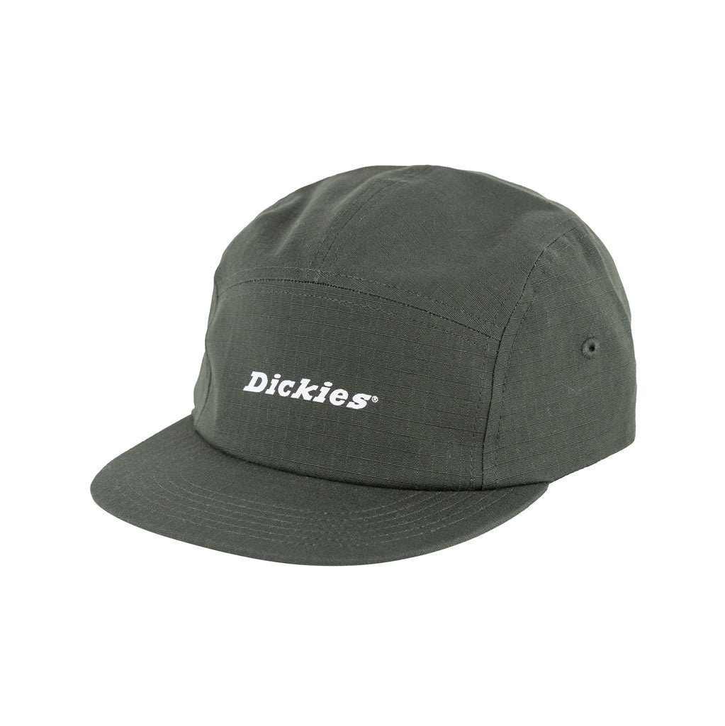 Dickies Standard Ripstop 5 Panel Soft Cap - Olive Green. The Standard Ripstop 5-panel cap features a central screenprint logo art and is craftedwith ripstop fabric, a flat peak and adjustable strap and clip adjustment. Adjustable strap and clip 5-panel crown construction flat peak Screenprint logo on front.