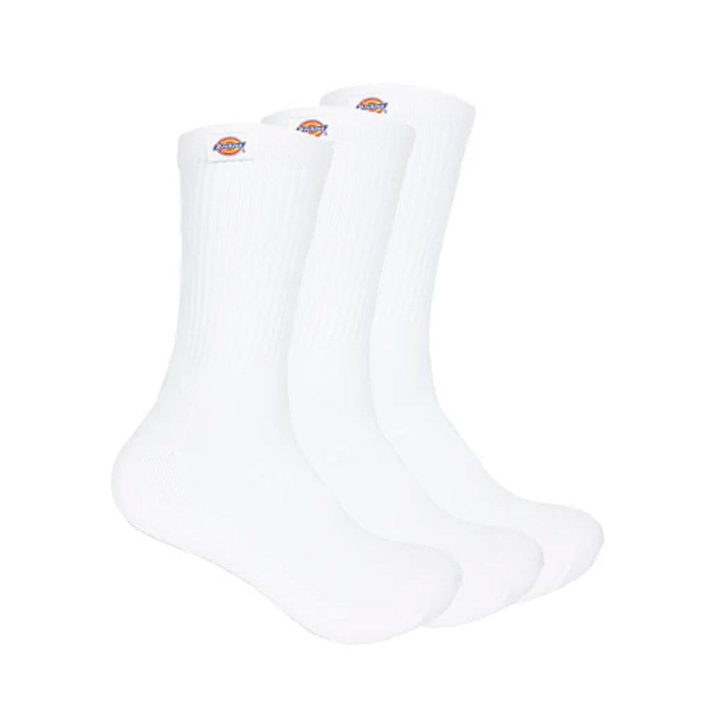 Dickies Classic Label 3 Pack Crew Socks - White. 80% Cotton 18% Polyester 2% Elastane. Sizes 6-12.  Shop our collection of Dickies online with free NZ shipping over $150 and same day Dunedin delivery!