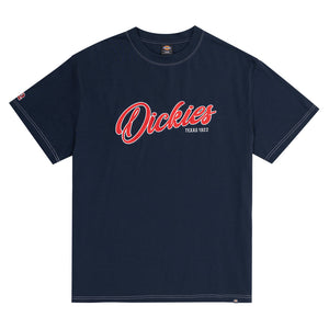 Dickies Arlington Double 450 Relaxed Fit Tee - Dark Navy. Screen printed graphic. Heavy weight jersey, contrast stitch. Ribbed neck. Dickies woven label. Shop Dickies online with Pavement, Dunedin's independent skate store. Free NZ shipping over $150.