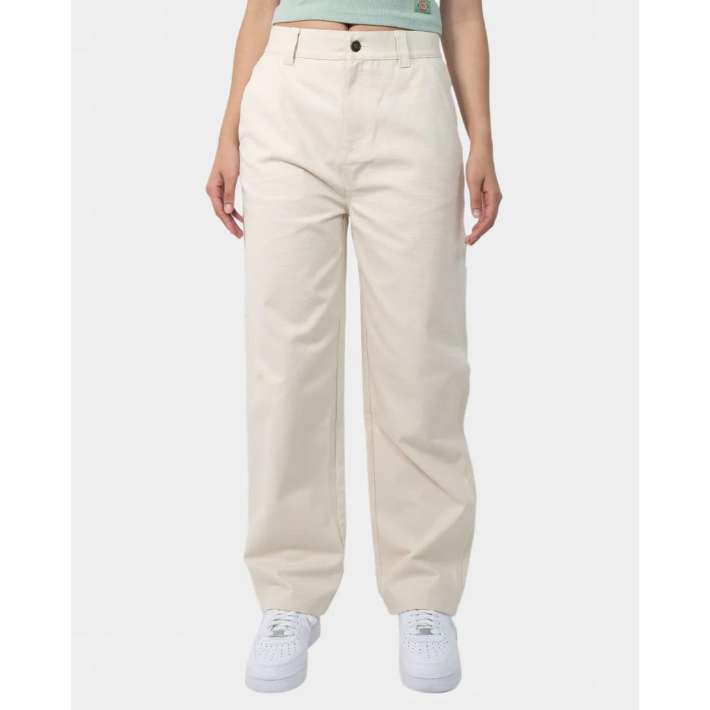 Dickies Grapevine Carpenter Pant - Natural. 12oz 100% Cotton Duck Canvas Women's Dickies Grapevine carpenter pant featuring woven labels. Product Code: DW123-PA04. Free NZ shipping. Shop women's pants from Dickies, Misfit, Afends, Brixton and X-Girl. Pavement skate shop, Dunedin.