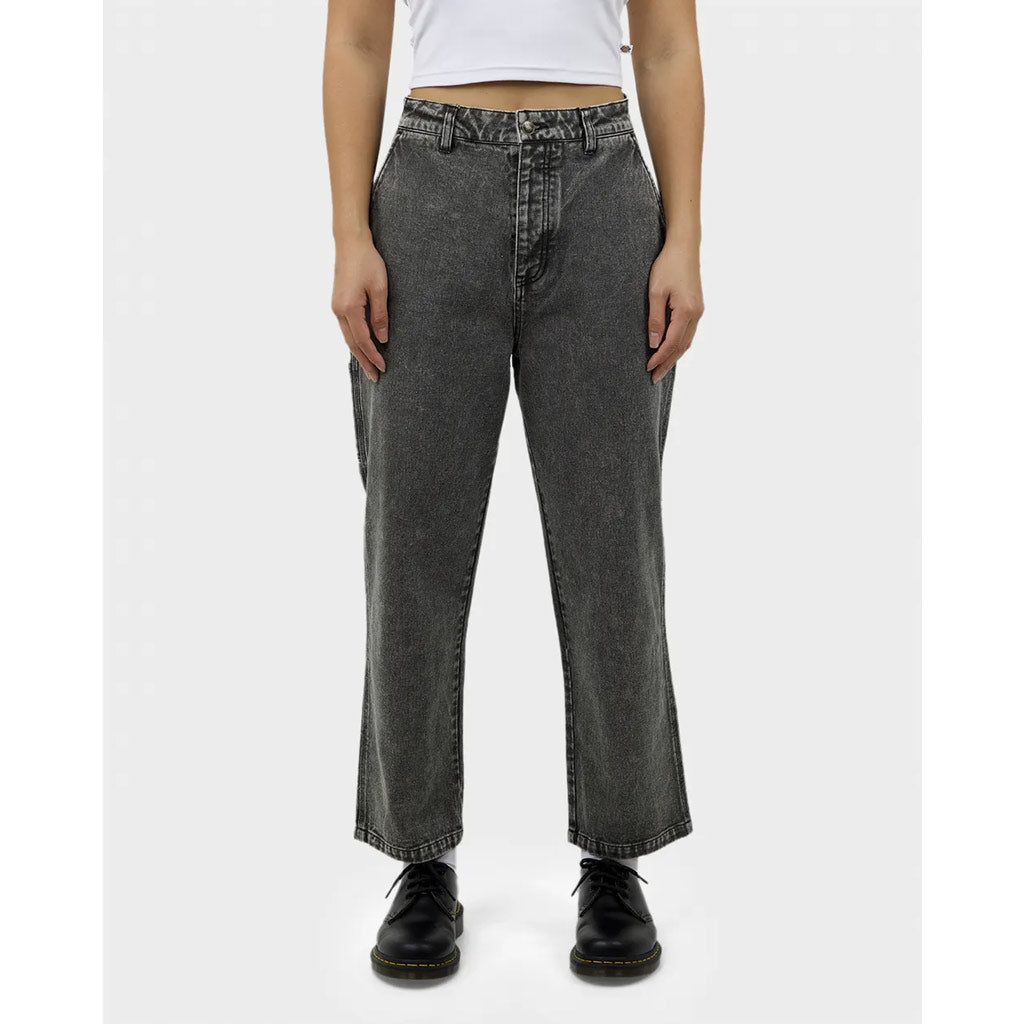 Dickies Sugarland Aged Denim High Rise Cropped Fit Tapered Jean - Stone Washed Charcoal. Meet the Sugarland Pant – a women's carpenter-style pant crafted from stonewashed midweight 100% cotton denim to achieve a comfortably worn-in appearance, with reinforced stitching for added durability. Product Code: DW124-PA05