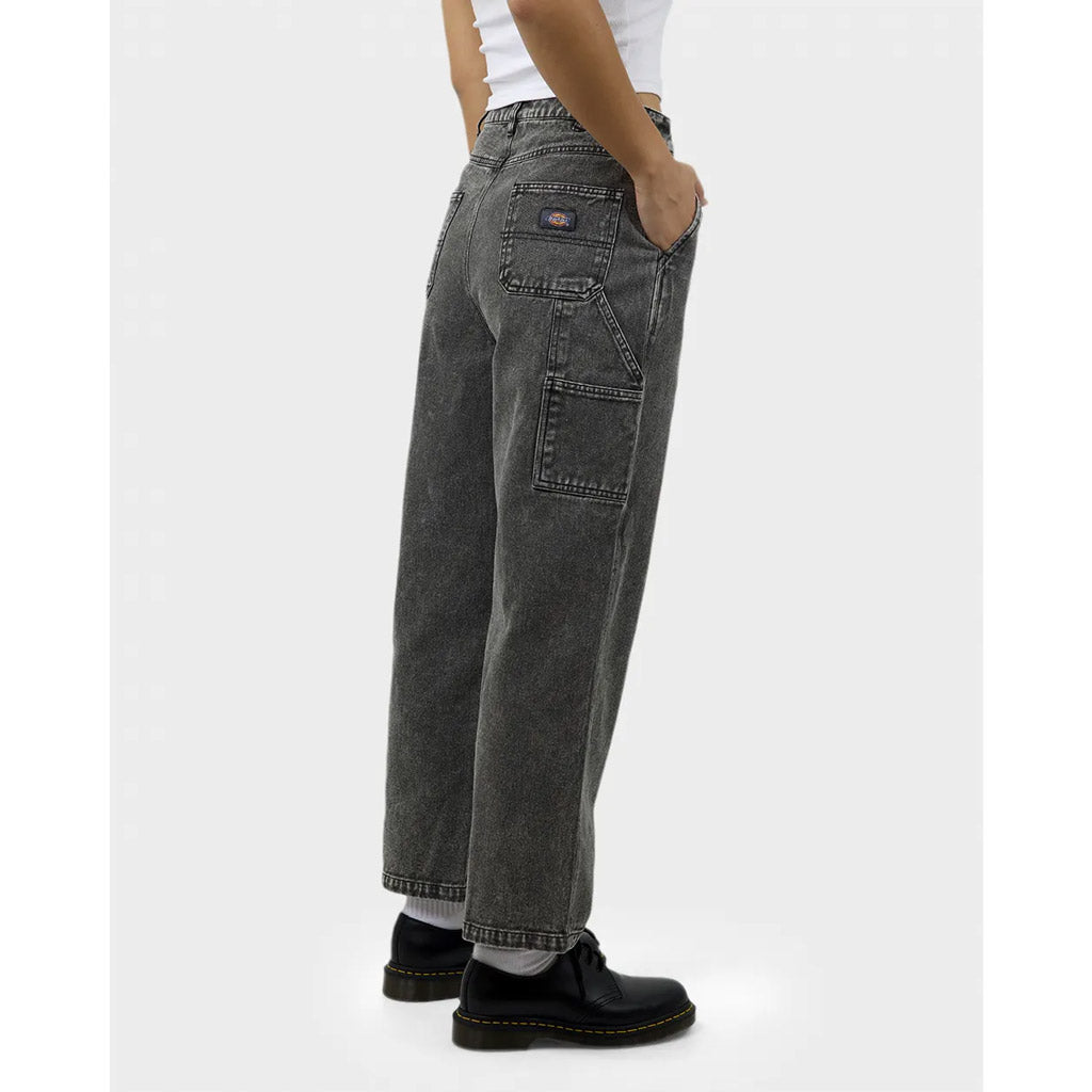 DICKIES SUGARLAND AGED DENIM HIGH RISE CROPPED FIT TAPERED JEAN - STONE WASHED CHARCOAL