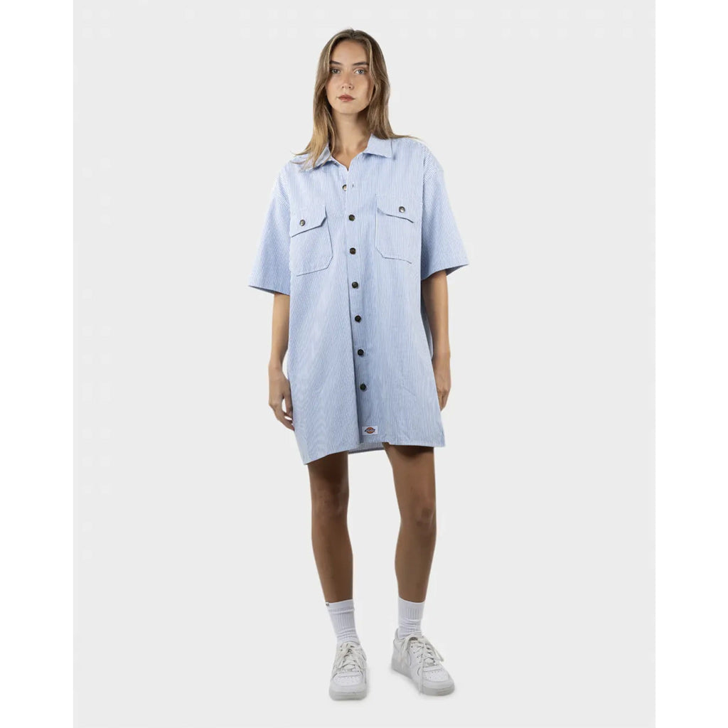 Dickies 1574 Pinstripe S/S Mini Shirt Dress - Glacial Blue. 100% Cotton. Inspired from iconic Dickies 1574 work shirt this women's mini pinstripe dress features side pockets, antique brass button and Dickies woven label. DW323-DR03. Free NZ shipping over $150 when you shop online with Pavement skate store, Dunedin.