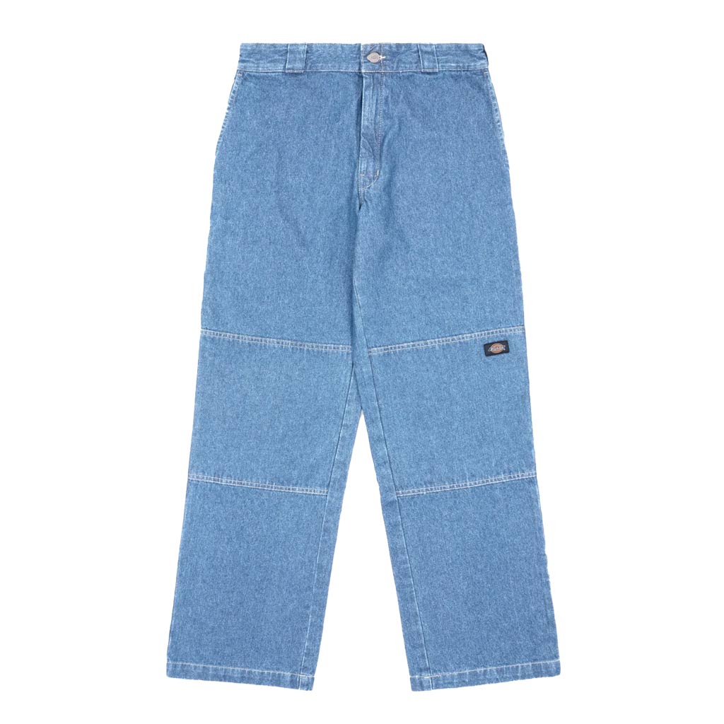 Dickies Loose Fit Double Knee 85-283AU Denim Light Indigo. Featuring A Tunnel Belt Loop, Reinforced Seams With Double Knee Patches And Convenient Hook-And-Eye Waist Closure With A Brass Zip Fly. Wide Straight Leg Fit With The Waistband Sitting At The Waist. Free N.Z shipping. Pavement skate shop, Ōtepoti.