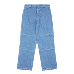 Dickies Loose Fit Double Knee 85-283AU Denim Light Indigo. Featuring A Tunnel Belt Loop, Reinforced Seams With Double Knee Patches And Convenient Hook-And-Eye Waist Closure With A Brass Zip Fly. Wide Straight Leg Fit With The Waistband Sitting At The Waist. Free N.Z shipping. Pavement skate shop, Ōtepoti.
