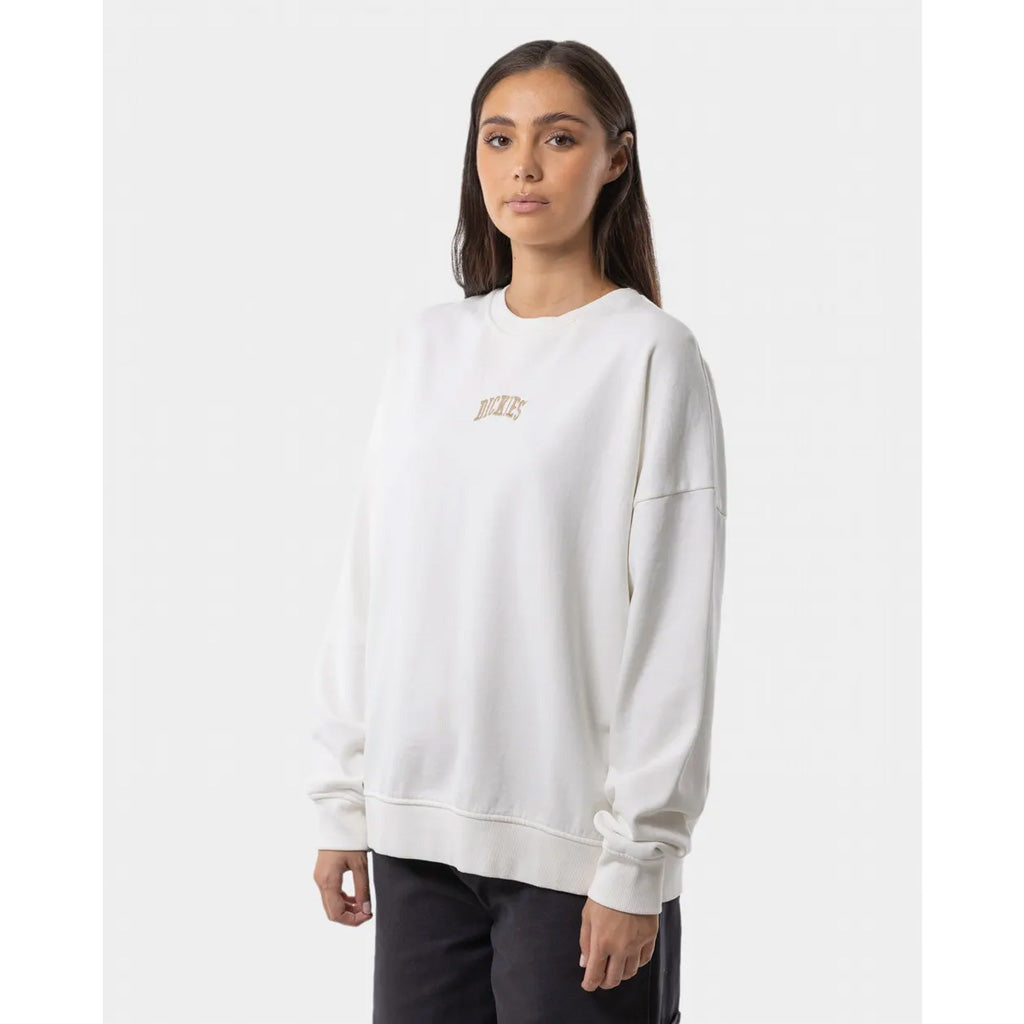 Dickies Longview Mini Drop Shoulder Crew - Natural. Women's Dickies Longview Mini crew neck sweater featuring a drop shoulder and embroidery. Style: DW123-CR01. Shop women's streetwear from Dickies, Misfit, X-Girl, Afends and Carhartt WIP. Free NZ shipping over $100. Afterpay and Laybuy. Pavement, Dunedin Skate Store.