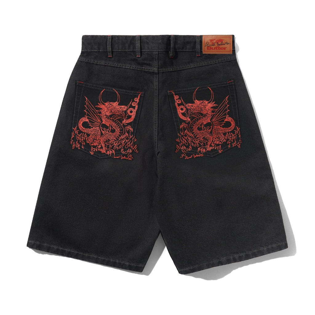 Butter Goods X Daniel Johnston Dragon Denim Shorts - Washed Black | Shop Butter clothing online with Pavement Skate Store - Free Aotearoa NZ shipping over $100*