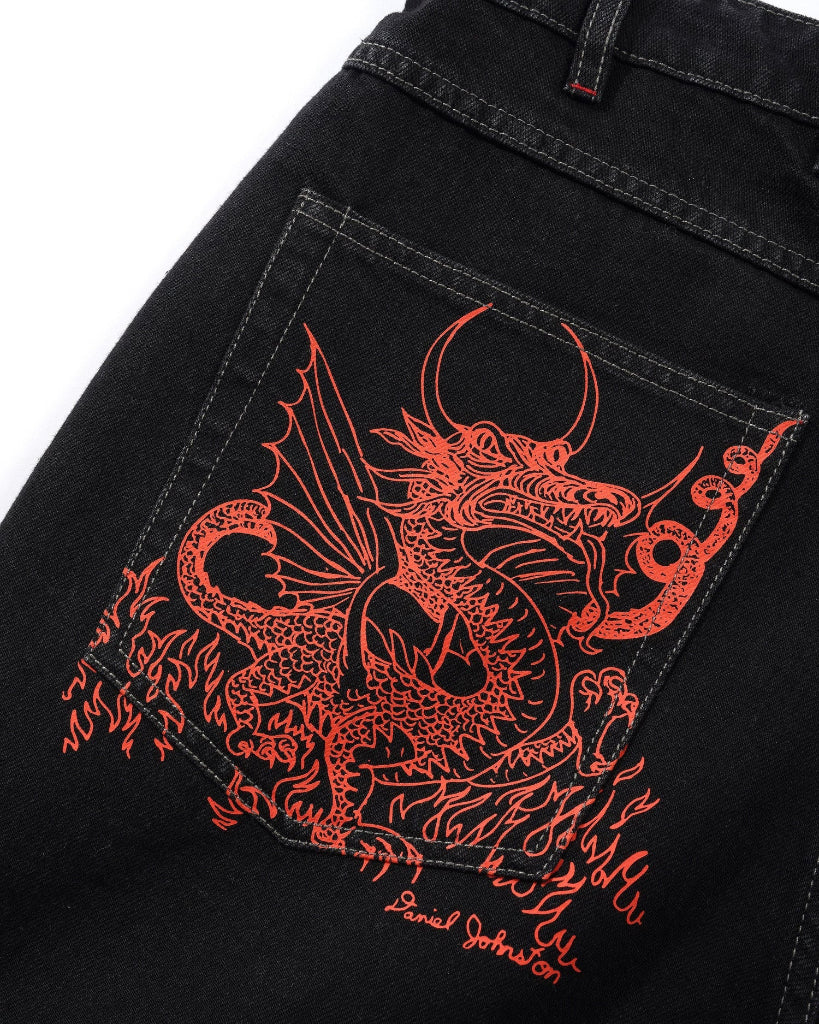 Butter Goods X Daniel Johnston Dragon Denim Shorts - Washed Black | Shop Butter clothing online with Pavement Skate Store - Free Aotearoa NZ shipping over $100*